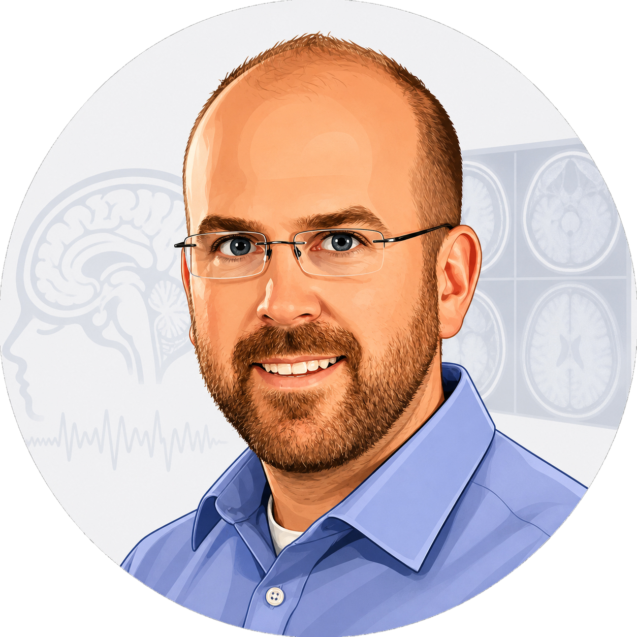 Cartoon caricature of Ethan MacDonald with MRI imagery